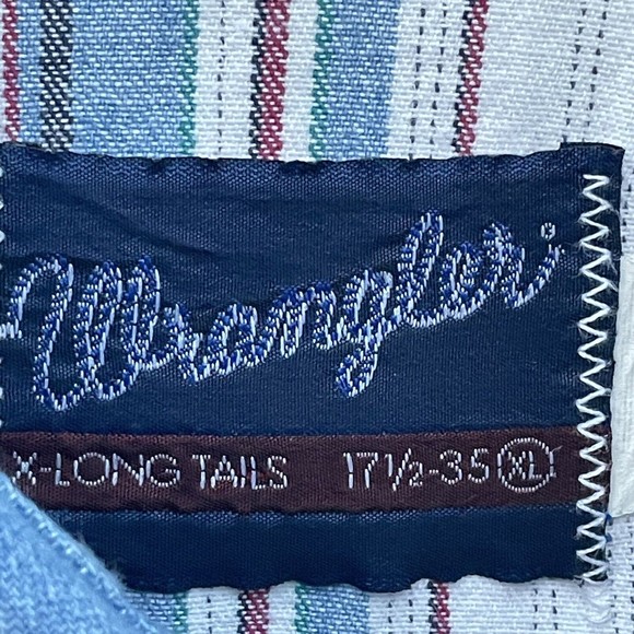 VTG Wrangler Shirt Blue Denim Stripe Brushpopper Western X-Long Tails 17.5/35 XL - Picture 5 of 12